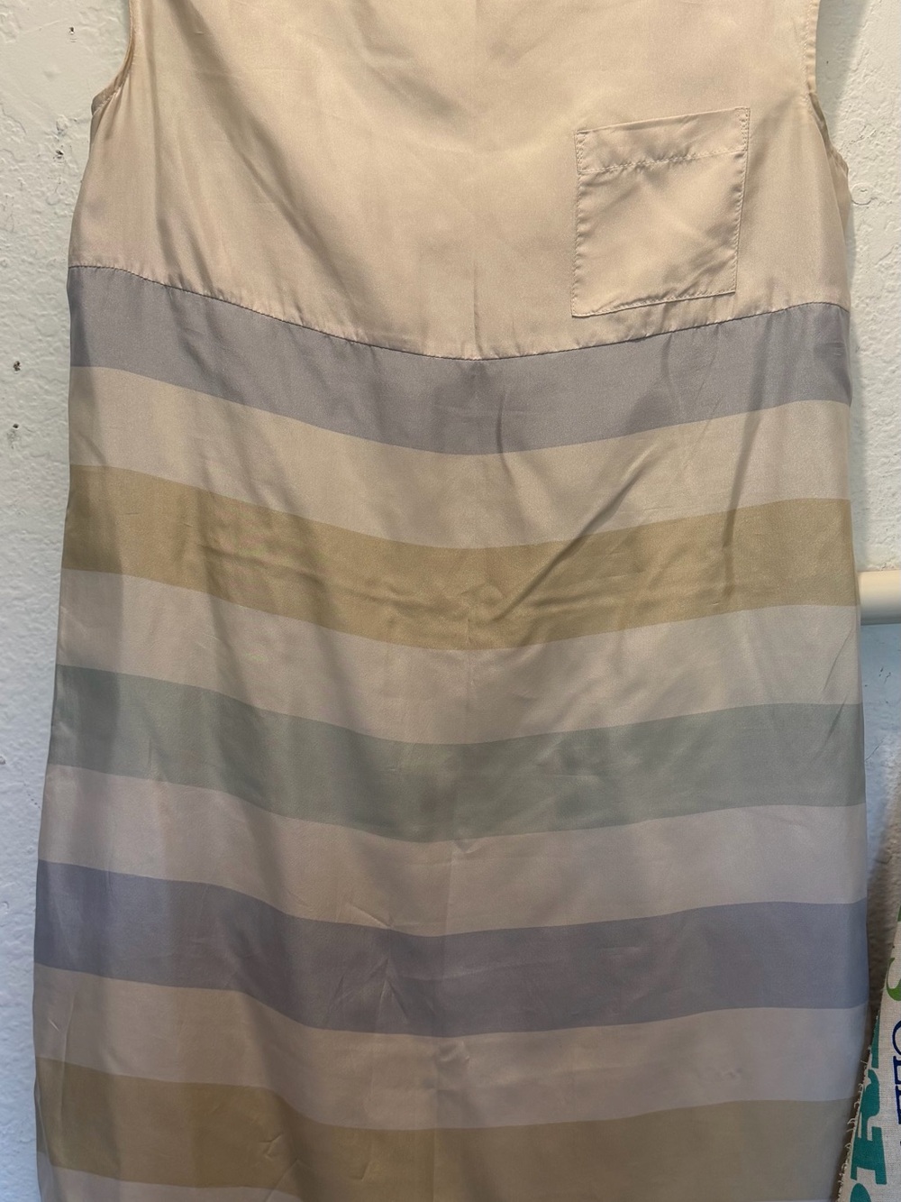 Odille Striped Satin Boat Dress in Ivory, Sage, Gray & Ivory Underslip